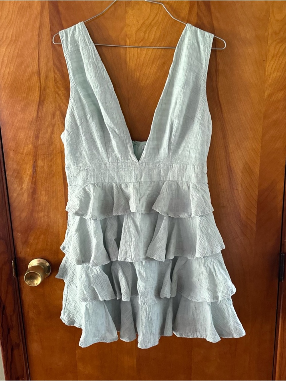 Angel Biba Tiered Ruffle Mini Dress in Light Seafoam / teal